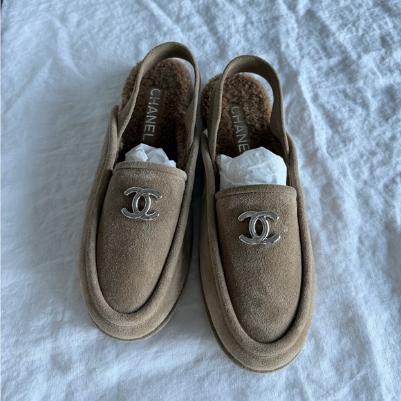 CHANEL Shoes - Chanel Tan Suede Loafers with Silver Logo
